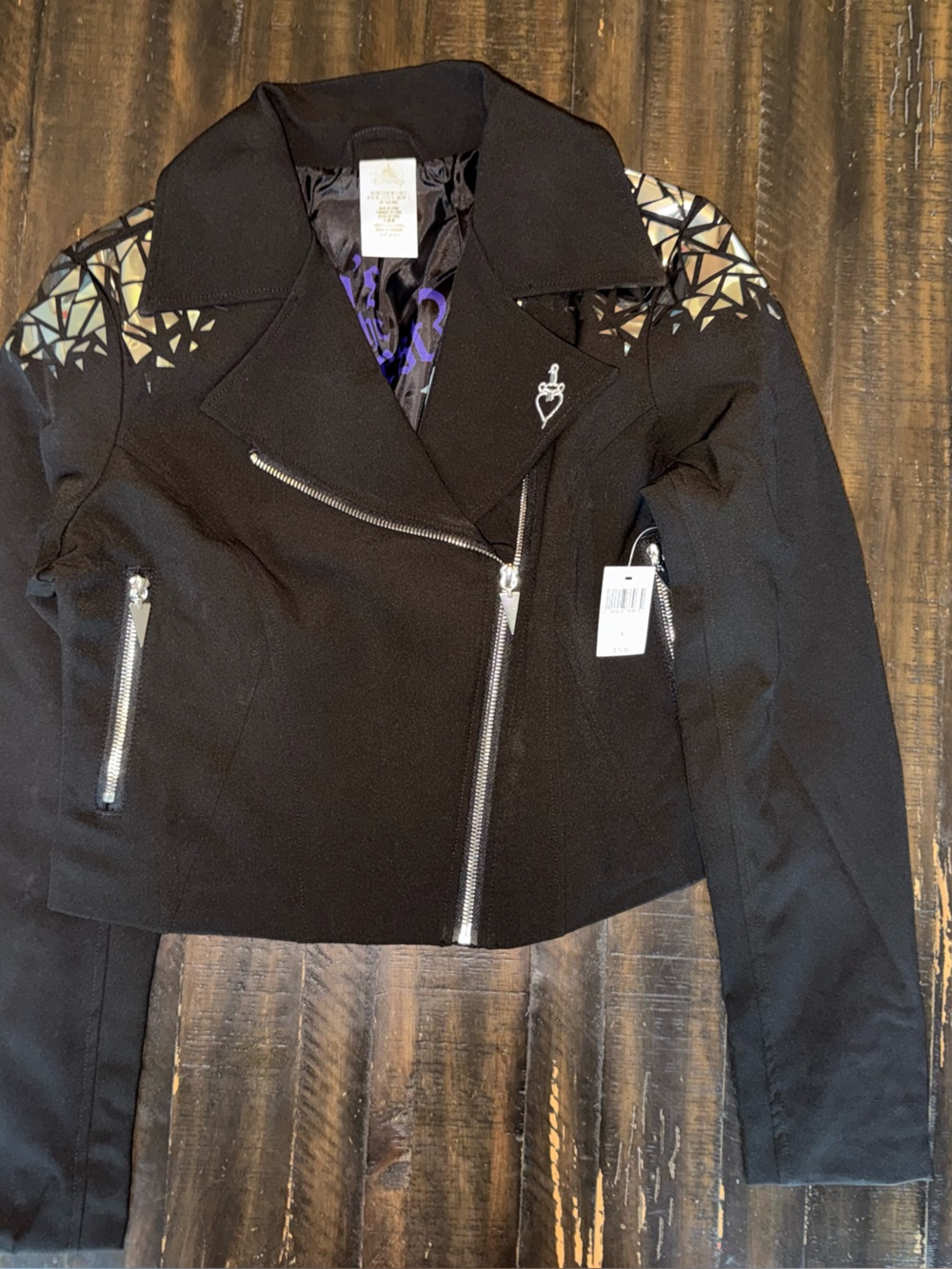 Disney Black Moto Jacket with Iridescent Geometric Shoulder Panels